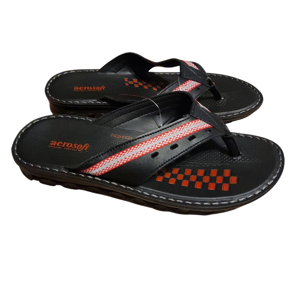 Aerosoft Comfort Toe Men's Casual Summer Flip Flops NWT Black And Red Checker